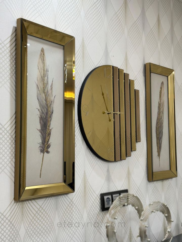RİTMİK-GOLD AYNA DUVAR SAATİ & ANTİK TÜY TABLO SETİ
