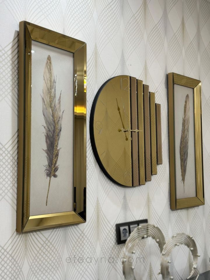 RİTMİK-GOLD AYNA DUVAR SAATİ & ANTİK TÜY TABLO SETİ
