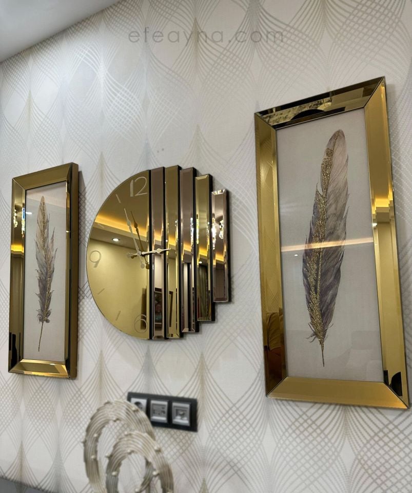 RİTMİK-GOLD AYNA DUVAR SAATİ & ANTİK TÜY TABLO SETİ