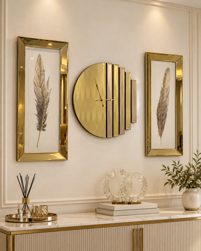 RİTMİK-GOLD AYNA DUVAR SAATİ & ANTİK TÜY TABLO SETİ
