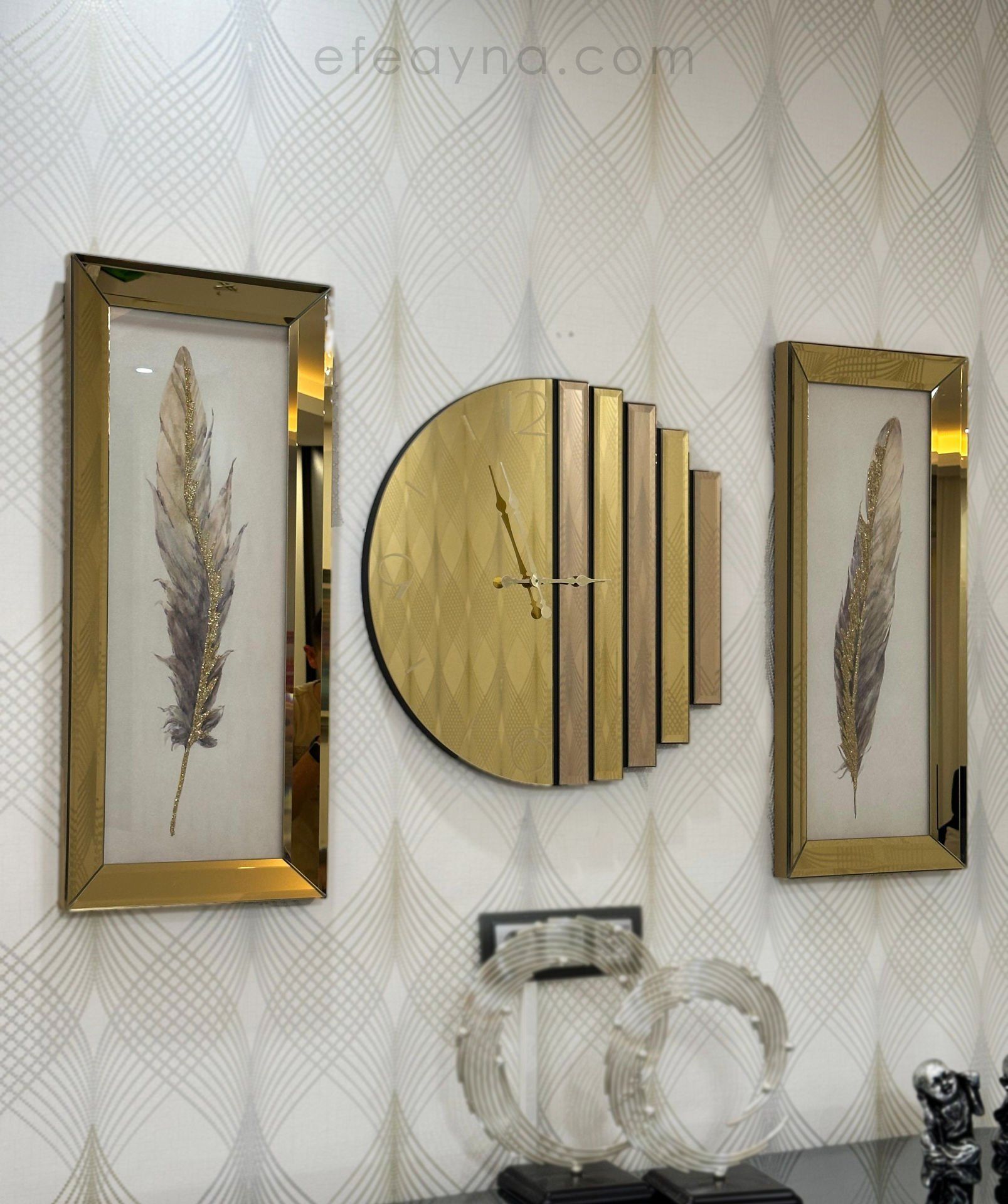 RİTMİK-GOLD AYNA DUVAR SAATİ & ANTİK TÜY TABLO SETİ