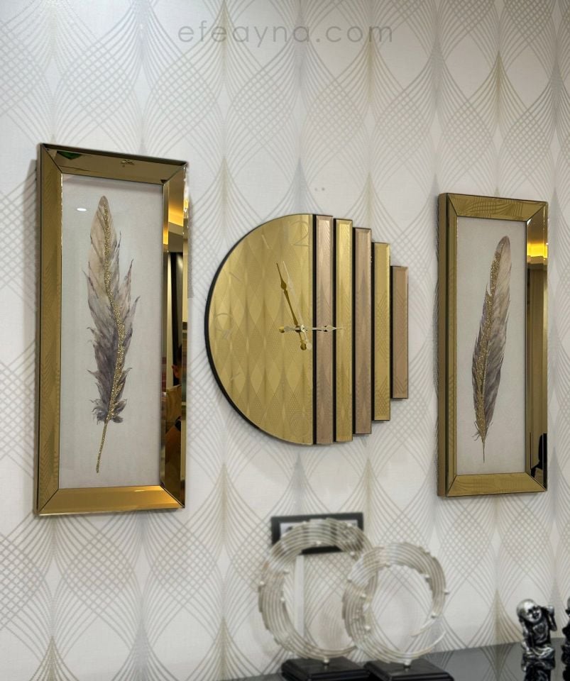 RİTMİK-GOLD AYNA DUVAR SAATİ & ANTİK TÜY TABLO SETİ