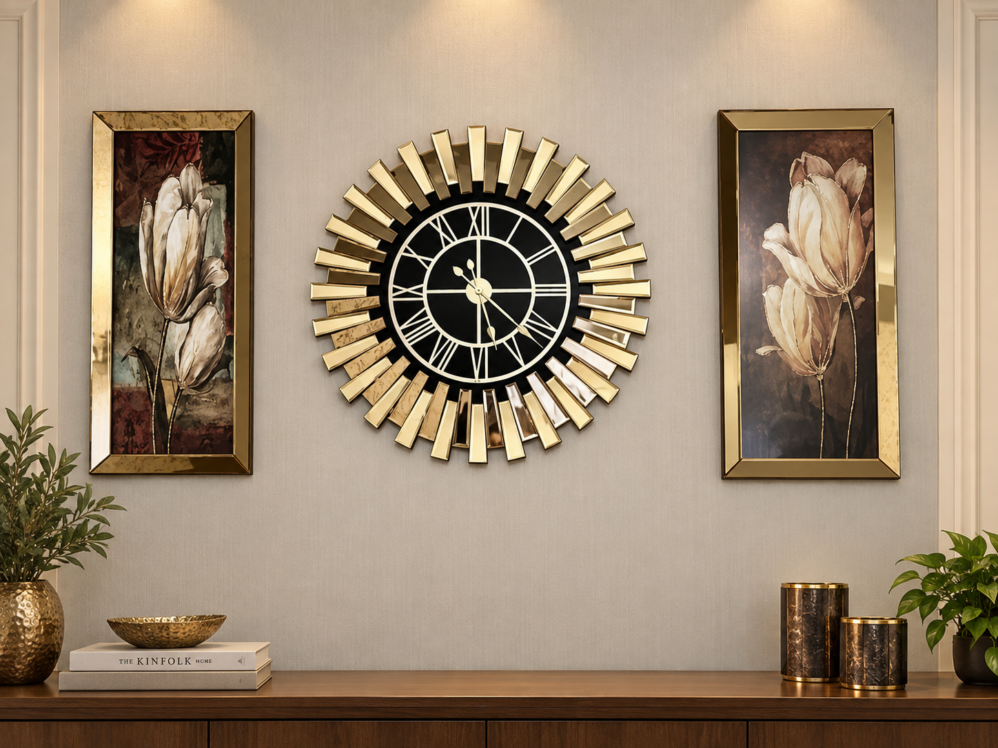PİYANO X-3LÜ GOLD AYNA DUVAR SAATİ VE TABLO SETİ
