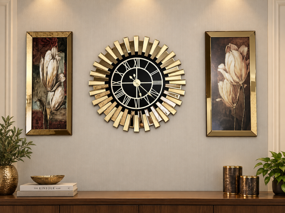 PİYANO X-3LÜ GOLD AYNA DUVAR SAATİ VE TABLO SETİ