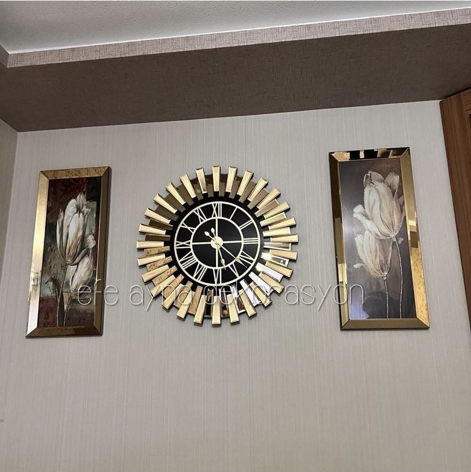 PİYANO X-3LÜ GOLD AYNA DUVAR SAATİ VE TABLO SETİ KÜÇÜK(Duvar saati:65cm,Tabloların herbiri 30x70cm)