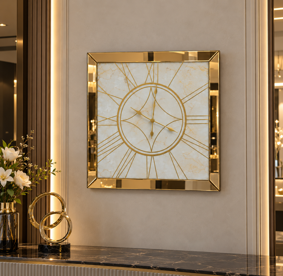 MERMER- BEYAZ GOLD AYNA DUVAR SAATİ 70x70CM