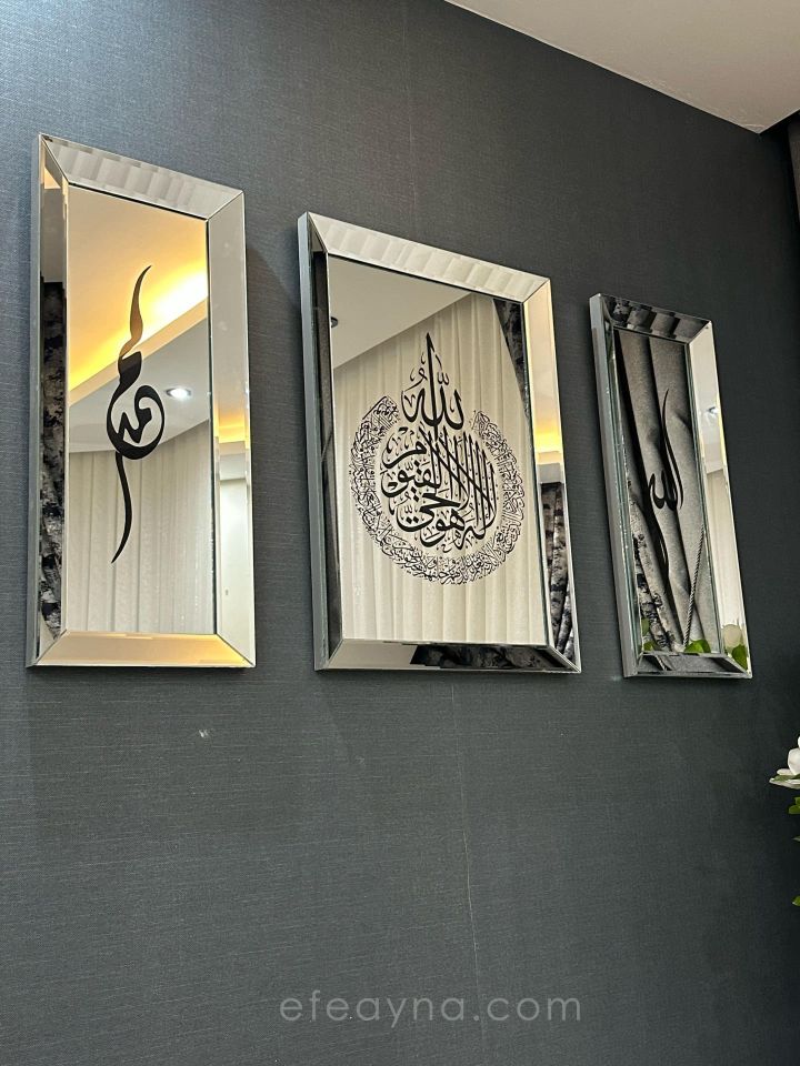 AYET-EL KÜRSİ-3'LÜ  AYNA TABLO SETİ-GÜMÜŞ KÜÇÜK: (Orta tablo 50x70cm, Yan tabloların herbiri 30x70cm)