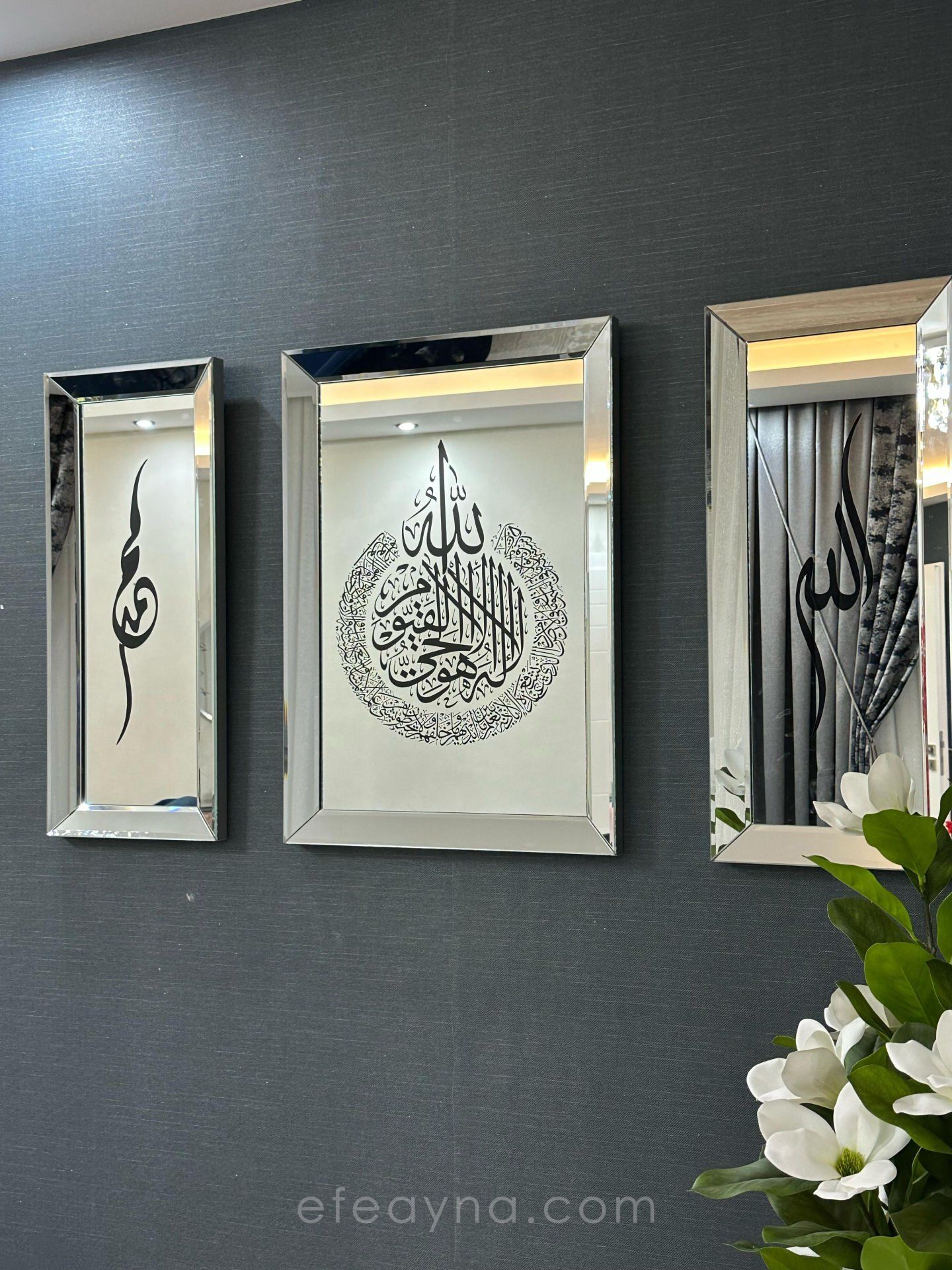 AYET-EL KÜRSİ-3'LÜ  AYNA TABLO SETİ-GÜMÜŞ KÜÇÜK: (Orta tablo 50x70cm, Yan tabloların herbiri 30x70cm)