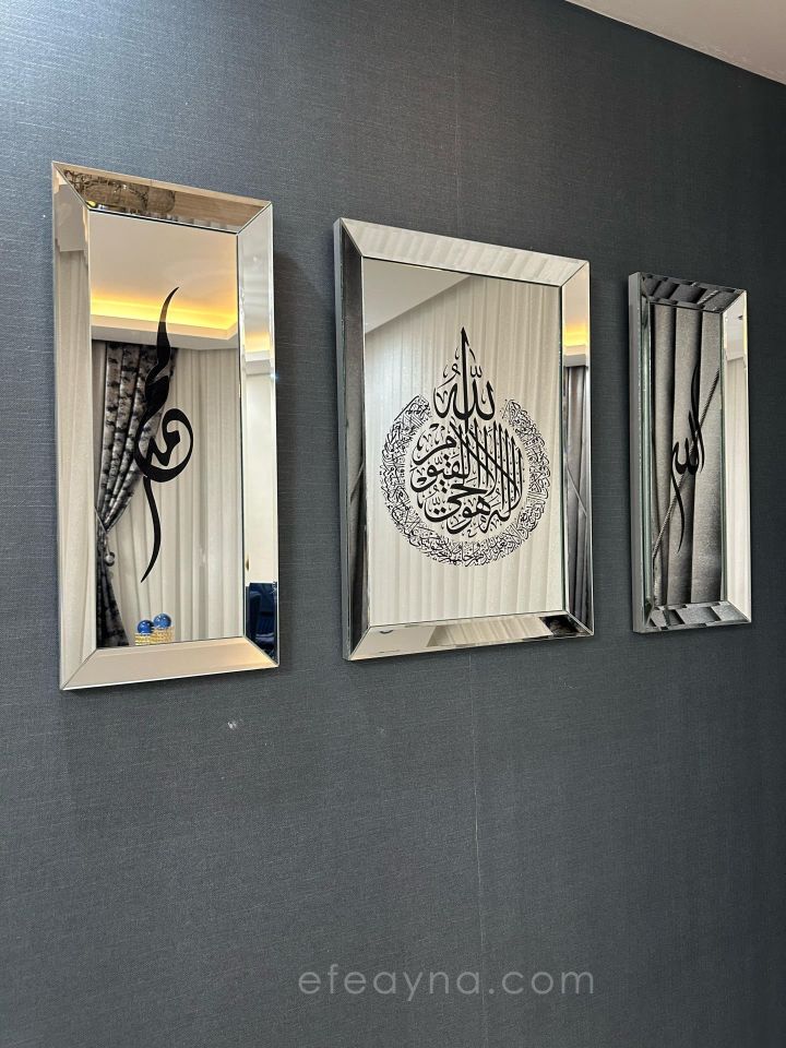 AYET-EL KÜRSİ-3'LÜ  AYNA TABLO SETİ-GÜMÜŞ KÜÇÜK: (Orta tablo 50x70cm, Yan tabloların herbiri 30x70cm)
