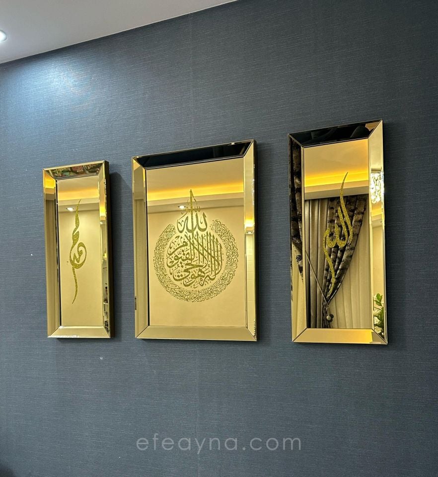 AYET-EL KÜRSİ-3'LÜ  AYNA TABLO SETİ-GOLD KÜÇÜK: (Orta tablo 50x70cm, Yan tabloların herbiri 30x70cm)