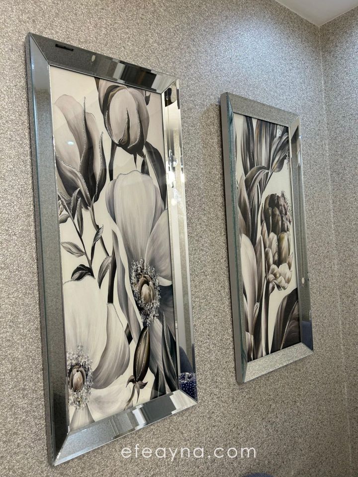 SOFT ÇİÇEK-GÜMÜŞ AYNA TABLO SETİ 30x70cm (30x70 x 2 adet tablo)