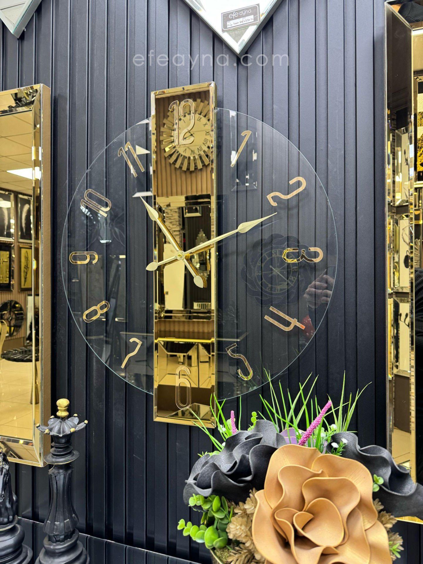 ŞEFFAF DUVAR SAATİ-GOLD AYNA -61x70cm