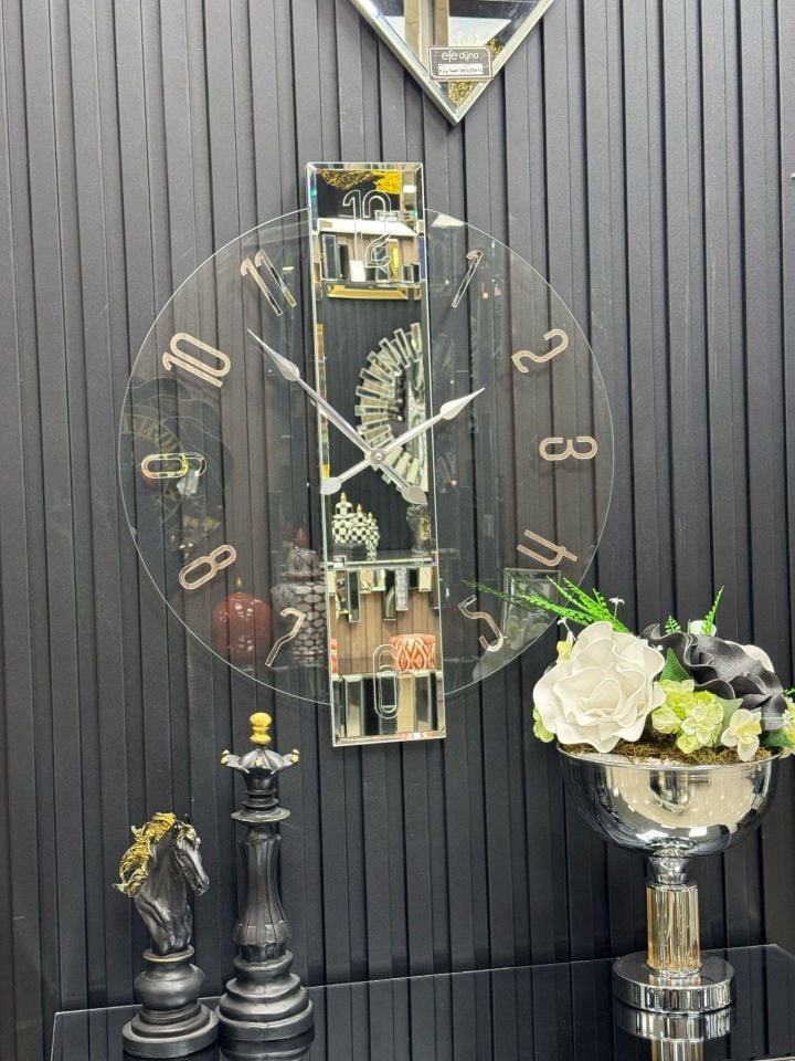 ŞEFFAF DUVAR SAATİ-GÜMÜŞ AYNA -61x70cm