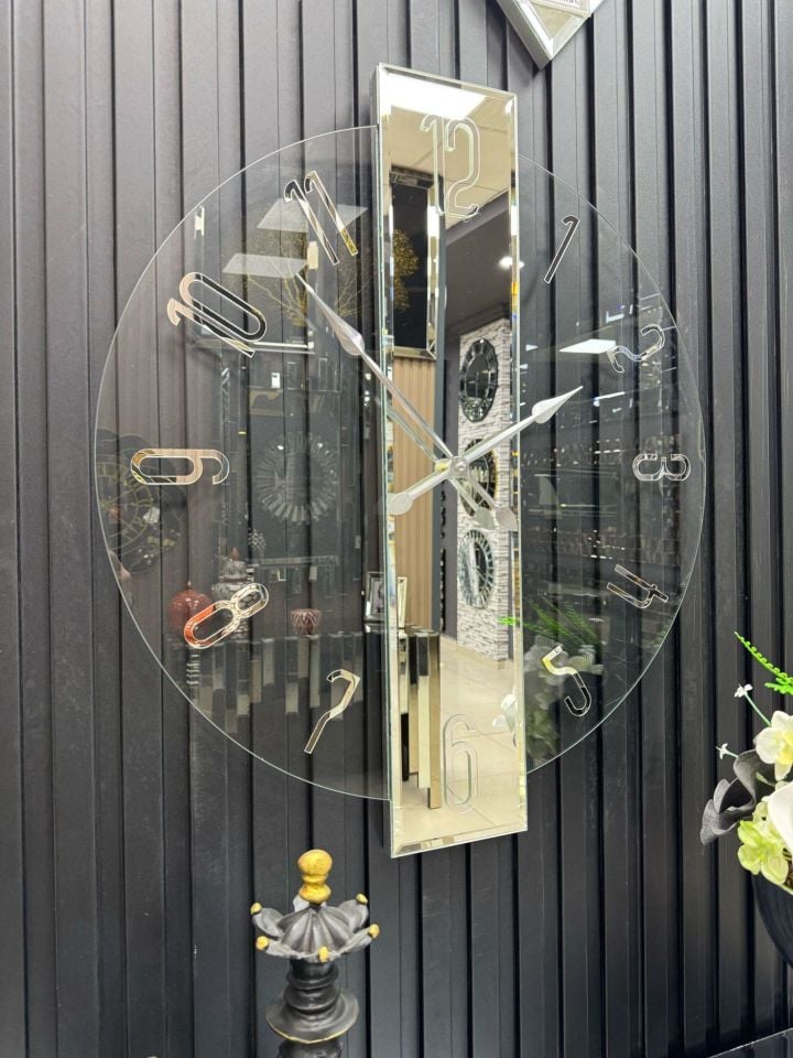 ŞEFFAF DUVAR SAATİ-GÜMÜŞ AYNA -61x70cm