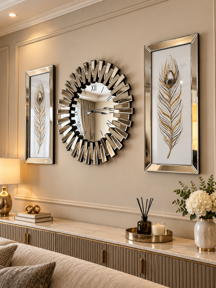 PİYANO -3LÜ BRONZ AYNA DUVAR SAATİ VE TABLO SETİ
