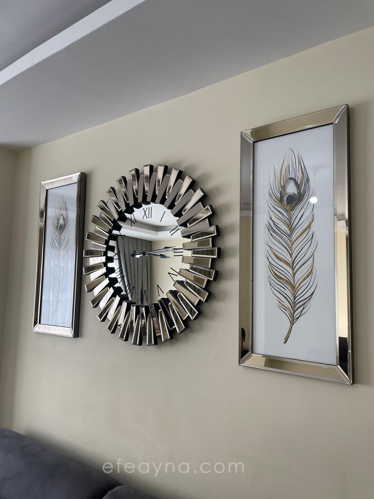 PİYANO -3LÜ BRONZ AYNA DUVAR SAATİ VE TABLO SETİ BÜYÜK(Duvar saati:83cm,Tabloların herbiri 40x90cm)