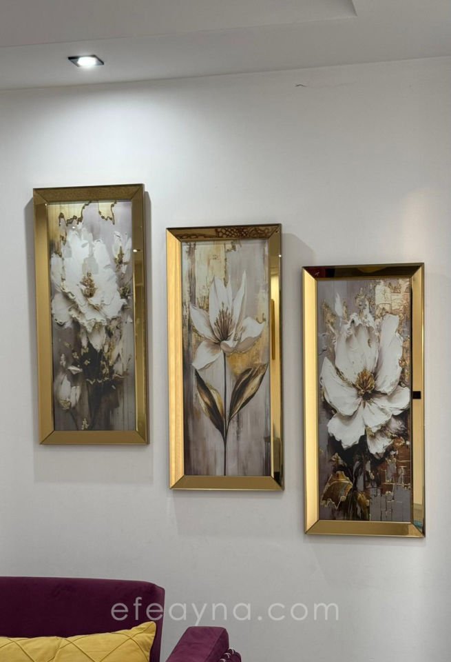 GOLD ÇİÇEKLER- 3'LÜ GOLD AYNA TABLO SETİ 30x70 cm (30x70cm  x 3adet tablo )