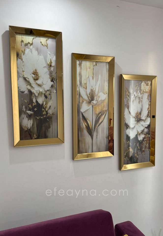 GOLD ÇİÇEKLER- 3'LÜ GOLD AYNA TABLO SETİ 30x70 cm (30x70cm  x 3adet tablo )