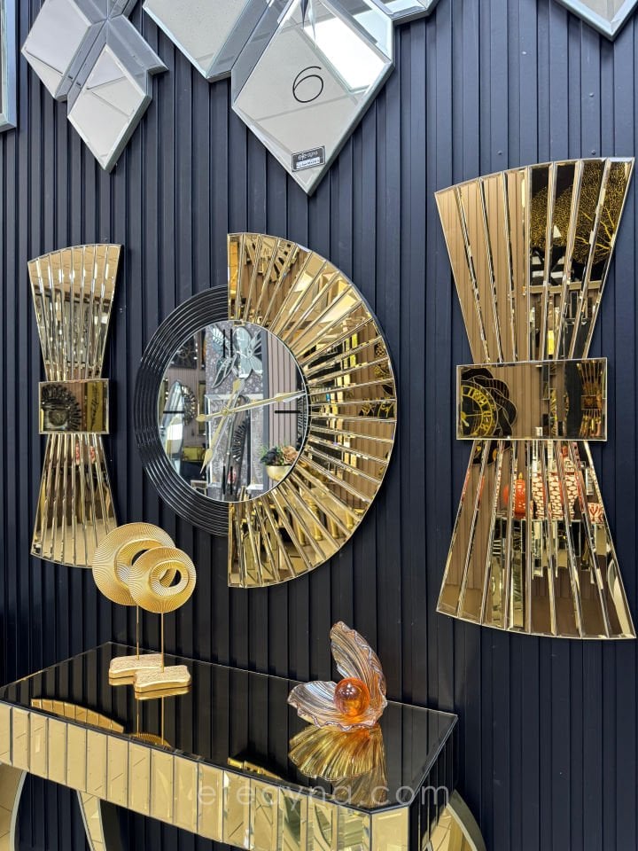 YELPAZE DUVAR SAATİ & PAPYON MODEL GOLD AYNA 3'LÜ SET