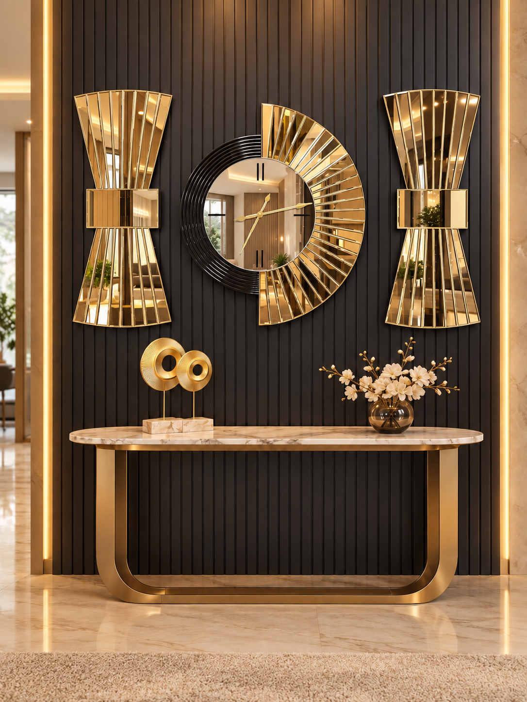 YELPAZE DUVAR SAATİ & PAPYON MODEL GOLD AYNA 3'LÜ SET