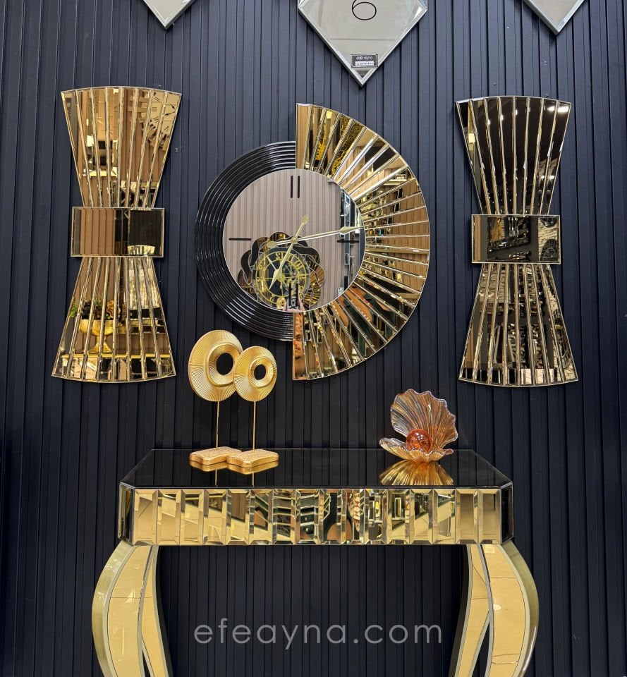 YELPAZE DUVAR SAATİ & PAPYON MODEL GOLD AYNA 3'LÜ SET