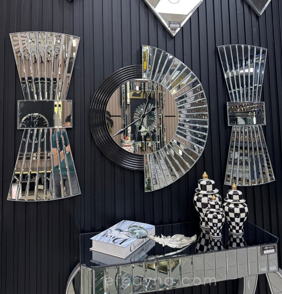 YELPAZE DUVAR SAATİ & PAPYON MODEL GÜMÜŞ AYNA 3'LÜ SET