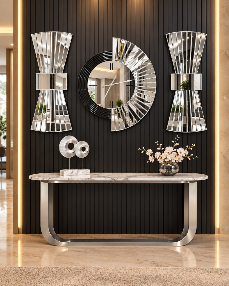 YELPAZE DUVAR SAATİ & PAPYON MODEL GÜMÜŞ AYNA 3'LÜ SET