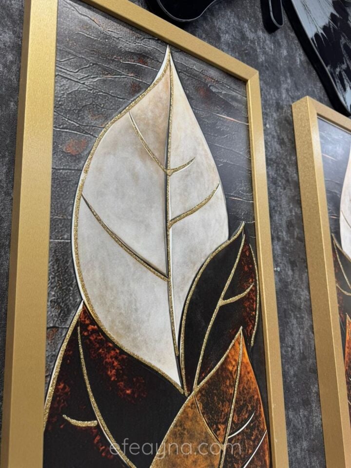 BOHEM YAPRAK-GOLD AHŞAP ÇERÇEVELİ-2 Lİ TABLO SETİ