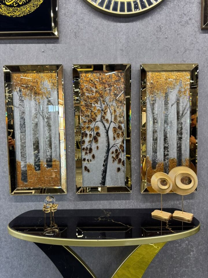 SONBAHAR ESİNTİSİ- 3'LÜ GOLD AYNALI TABLO SETİ