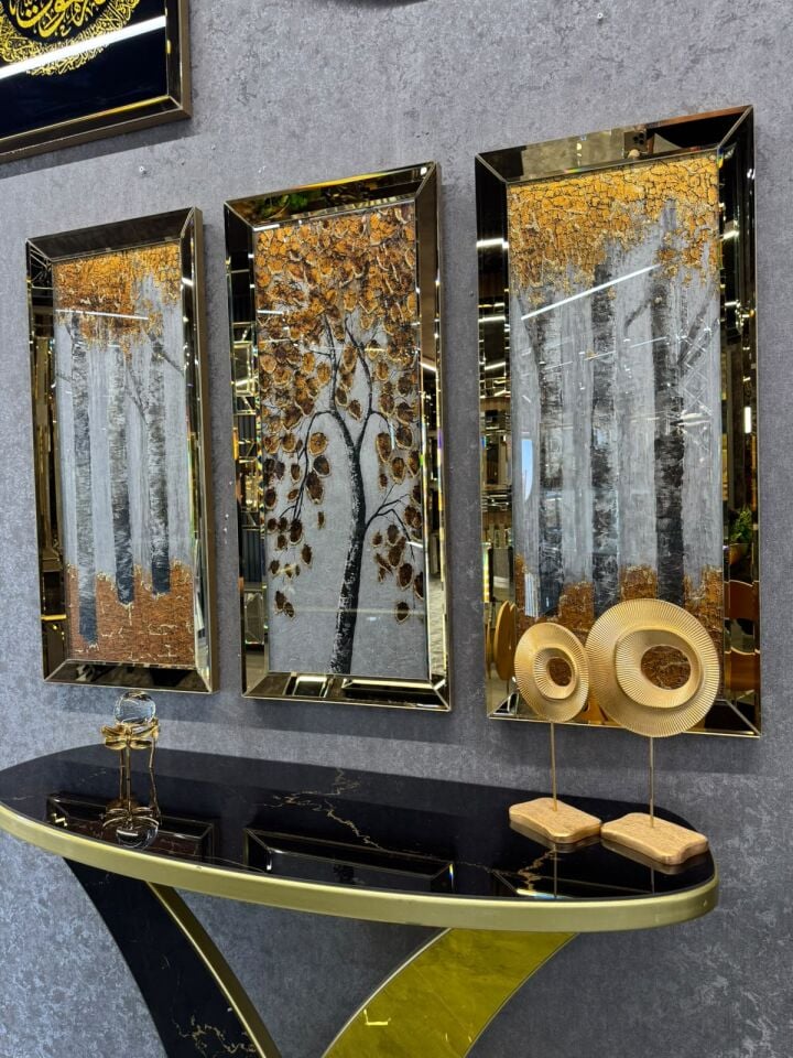 SONBAHAR ESİNTİSİ- 3'LÜ GOLD AYNALI TABLO SETİ
