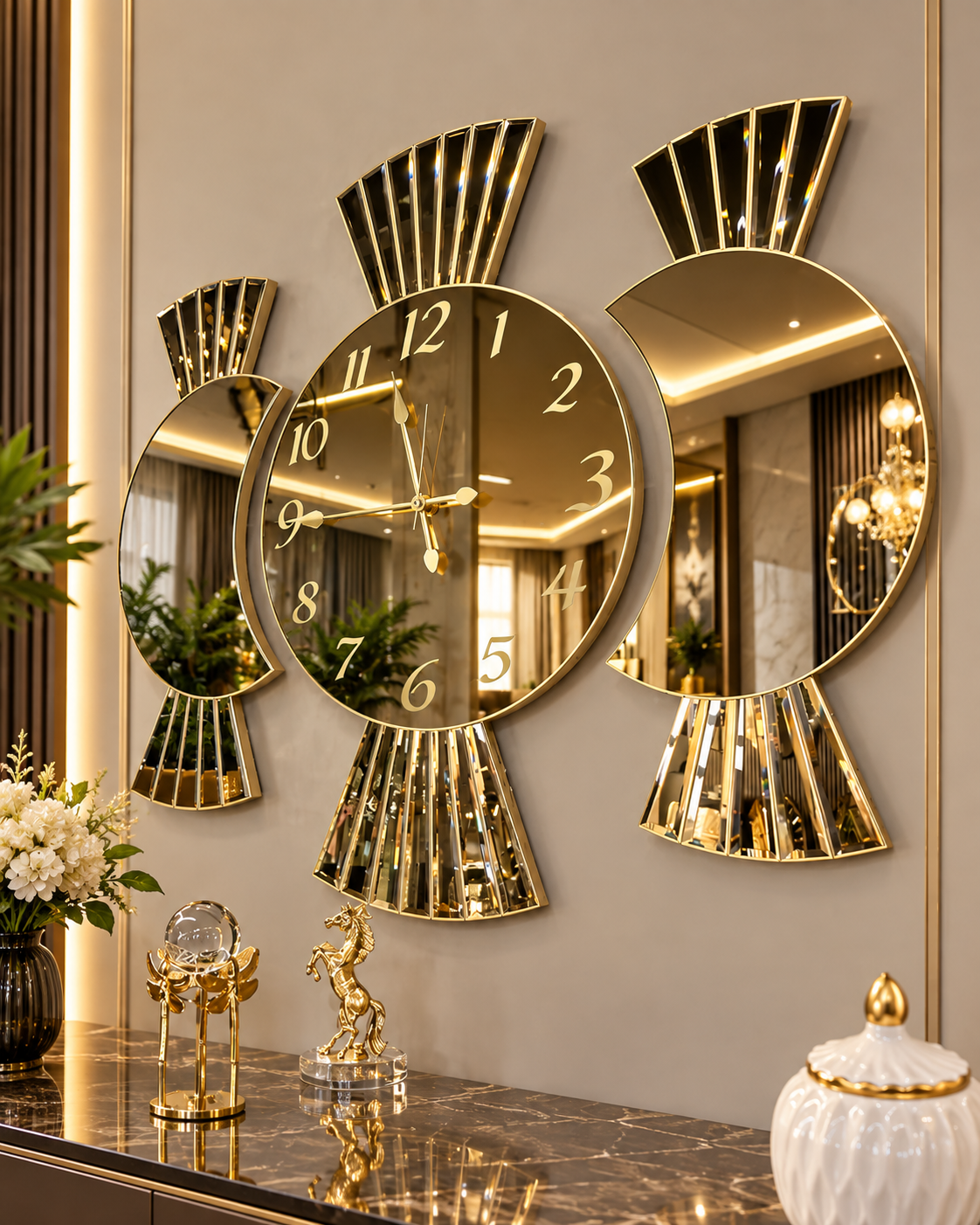 GALAKSİ X -GOLD AYNALI 3'LÜ DUVAR SAATİ SETİ